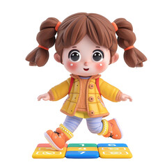 Adorable clay girl with pigtails, playing hopscotch, full body, facing front, very small dot black eyes style, colorful, color 3D clay icon, Blender 3D, kawaii
