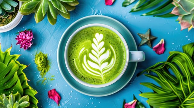 Vibrant matcha latte with latte art surrounded by green plants and colorful petals on a blue background.
