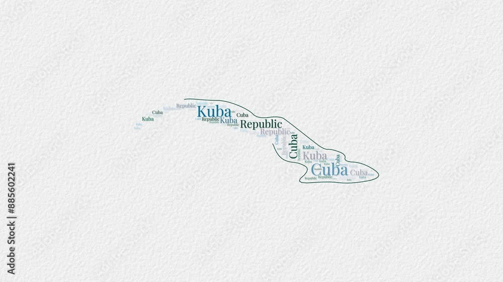 Poster cuba logo animation featuring a word cloud of country names in multiple languages on a paper-style b