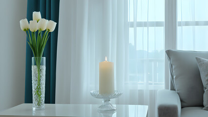 White tulips in a glass vase on the table with a burning candle.