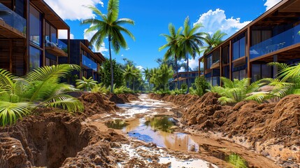 Tropical resort under construction amidst lush greenery and palm trees on a sunny day, showcasing developing luxury accommodations.