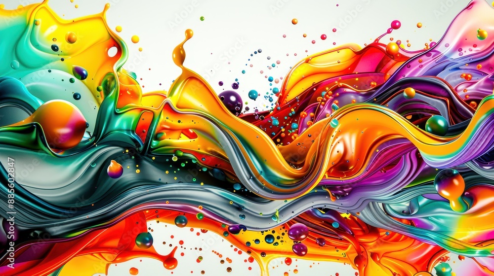 Poster vibrant abstract painting showcasing a dynamic blend of colorful swirls and splashes on a white back