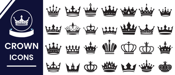 Crown icons, vector set. Crown vector, silhouette, icon. Crown symbol set. King, Princess crowns. Collection of crown silhouette, vector. Vector illustration.
