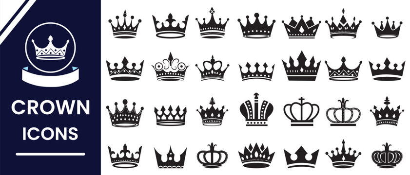 Crown icons, vector set. Crown vector, silhouette, icon. Crown symbol set. King, Princess crowns. Collection of crown silhouette, vector. Vector illustration.
