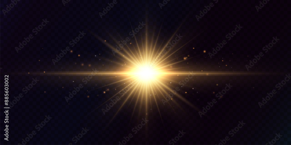 Poster golden star or sun with highlights. the effect of an explosion of light energy. vector light effect 