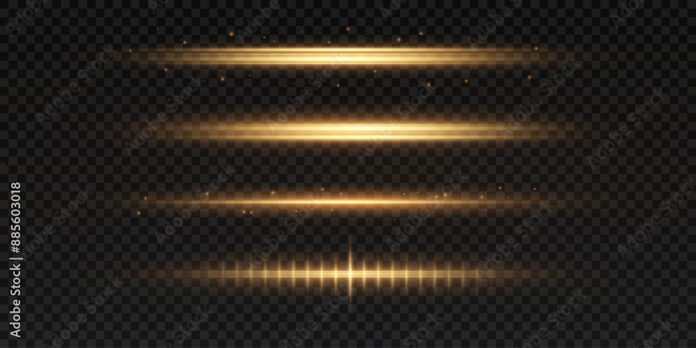 Poster set of golden horizontal glow. golden star or sun with highlights. the effect of an explosion of lig
