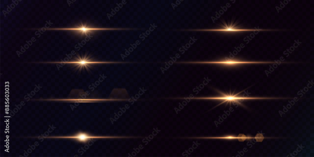 Poster set of golden horizontal glow. golden star or sun with highlights. the effect of an explosion of lig