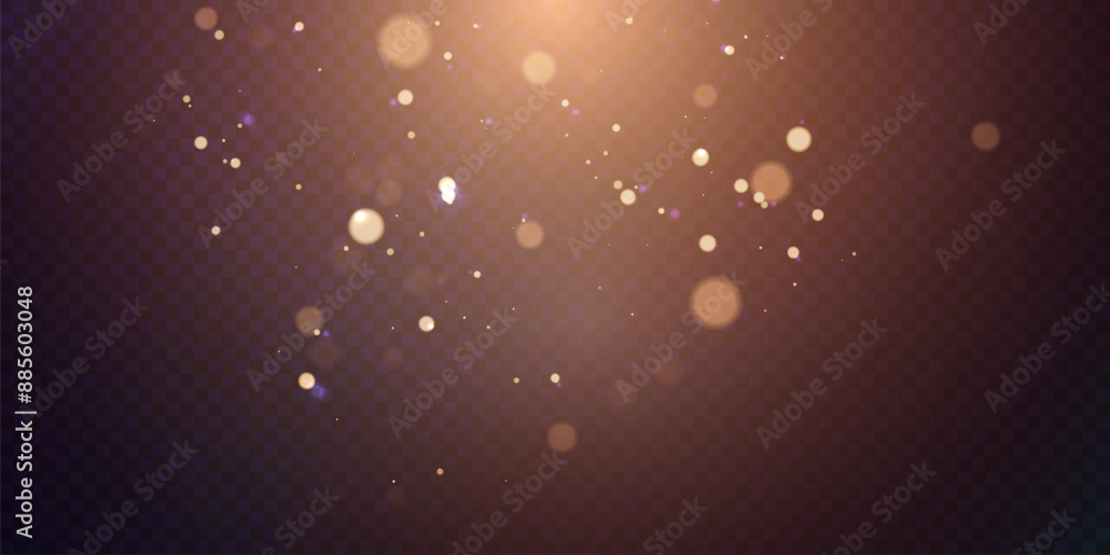Poster Light effect of golden bokeh of dust and glare. Glowing particles isolated on a dark transparent background.  Adobe Illustrator Artwork