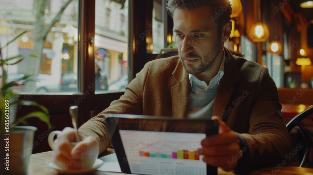 Poster a businessman analyzing a financial graph on a tablet while sitting in a cafe.