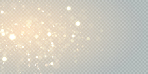 Gold dust light bokeh. Christmas glowing bokeh and glitter overlay texture for your design on a transparent background. Golden particles abstract vector background.   © Valeriia