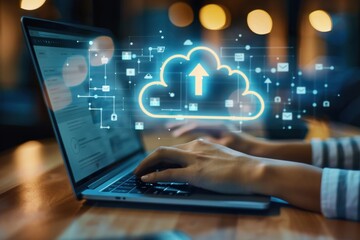 Fototapeta premium A person typing on their laptop, with icons of clouds and folder steps leading to the computer screen showing an up arrow symbolizing one file being traveler through cloud storage system Generative AI