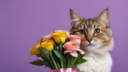 Cute cat with bouquet of flowers on color background, closeup