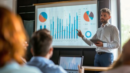 A businessman presenting a profit and loss graph during a corporate presentation.