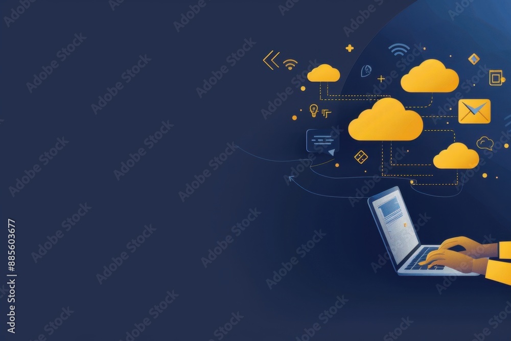 Poster a person typing on their laptop, with icons of clouds and floating figures emerging from the screen 