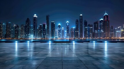 Floor slab, concept of car sale, auto, automobile, automotive empty space or cityscape and skyline at night, shop or store. Background design with building and urban city for product display. 