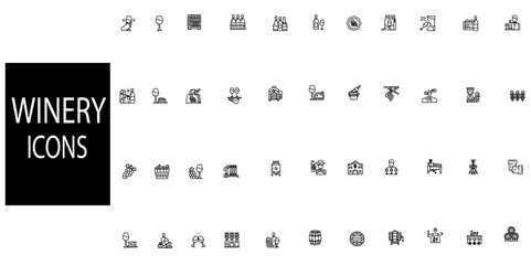 Winery simple concept 44 icons set. Contains such wine bottle, wine glass, grape, corkscrew, vineyard, barrel and winery.Vector illustration.