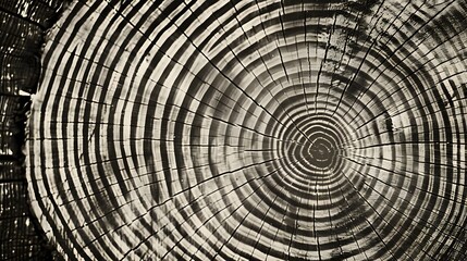 Fototapeta premium A monochromatic, detailed texture of tree rings with visible wood grain patterns and concentric circles, suitable for background or wallpaper design. The composition is symmetrical