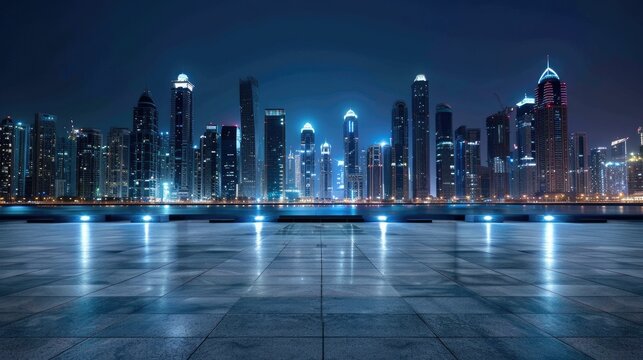 Floor slab, concept of car sale, auto, automobile, automotive empty space or cityscape and skyline at night, shop or store. Background design with building and urban city for product display. 