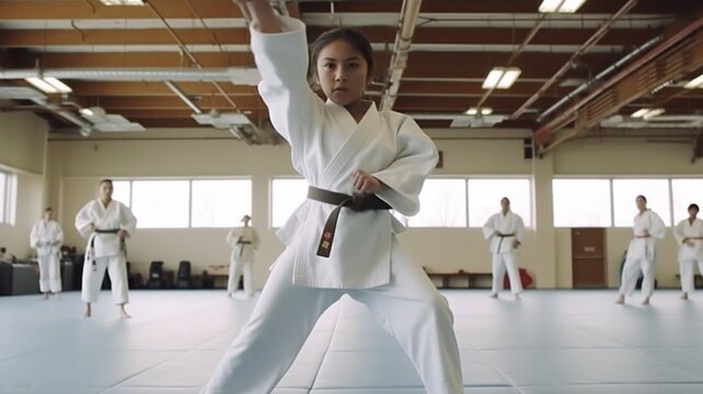A teenager, in a white judo gi, executed precise throws and holds in a white dojo. - Powered by Adobe