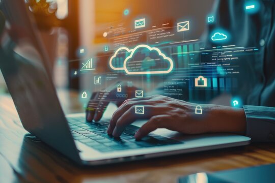 A person using a laptop computer with cloud storage icons on the screen and other file pages in the background, symbolizing data transfer between devices over the internet Generative AI
