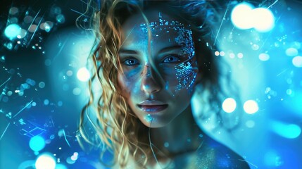 Close-up portrait of a young  woman with light skin and blue eyes,looking directly in camera, soft blue light, digital data and binary code overlay on face -  Digital Transformation