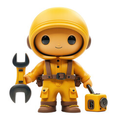Adorable clay mechanic with wrench, fixing a car, full body, facing front, has very unique small black dot eyes, bright tones, 3D clay icon, Blender 3D, kawaii.