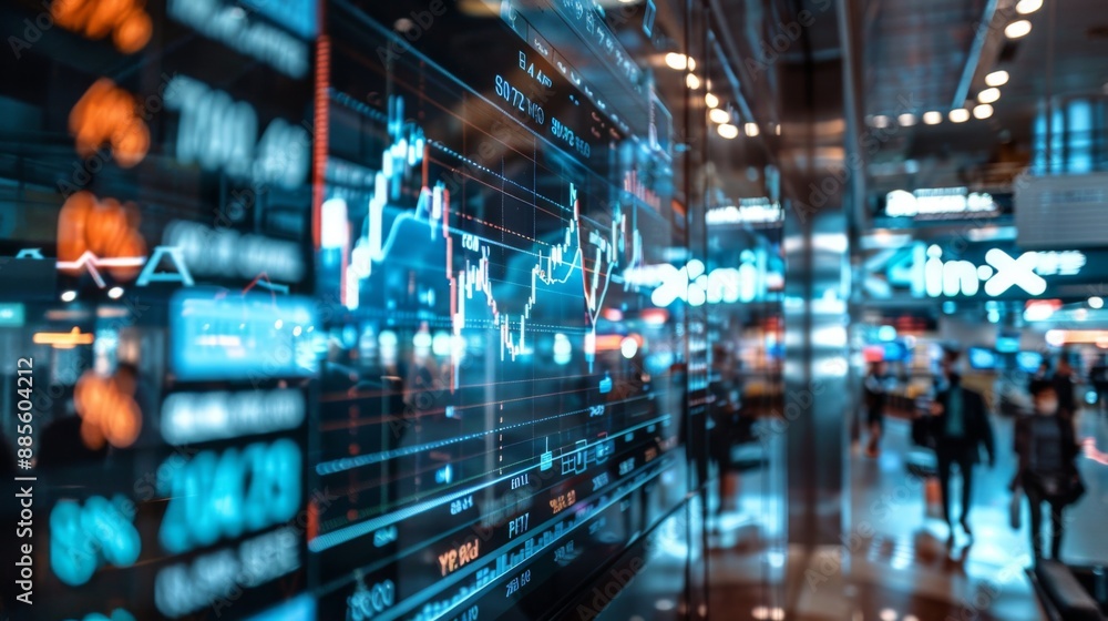 Poster A busy trading floor with monitors displaying live stock market graphs and news tickers.