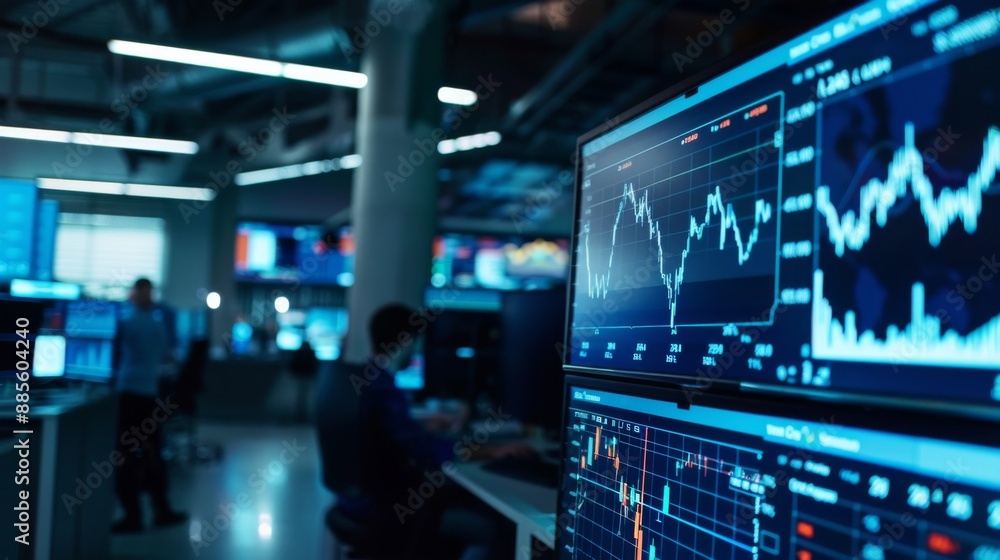 Poster a busy trading floor with monitors displaying live stock market graphs and news tickers.
