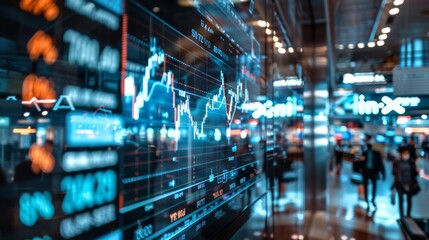 A busy trading floor with monitors displaying live stock market graphs and news tickers.