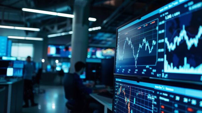 A busy trading floor with monitors displaying live stock market graphs and news tickers.
