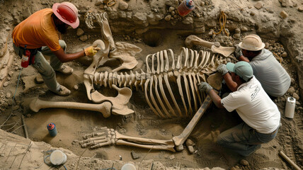 Archaeologists work with ancient giant human skeleton at excavation site, fiction view of fossil remains. Concept of dig, archeology, mystery, secret, history