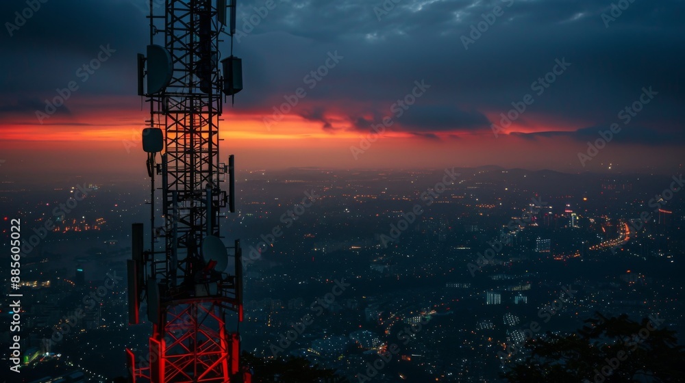 Poster a cellphone tower illuminated by the first light of dawn, with the city waking up below.