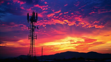A cellphone tower silhouetted against a colorful sunset, with antennas clearly visible.