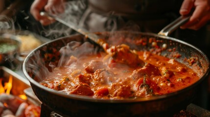 A chef preparing a large pot of creamy butter chicken curry with tomatoes and cashew paste.