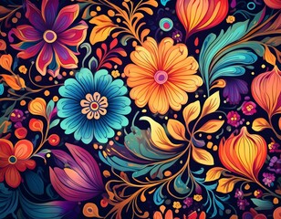 Whimsical floral pattern with vibrant colors on dark background