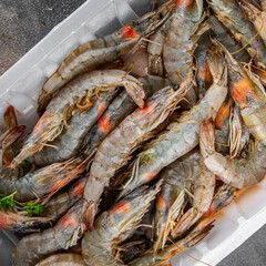 shrimp raw seafood prawns natural food fresh appetizer meal food snack on the table copy space food background rustic keto or paleo diet Pescetarian