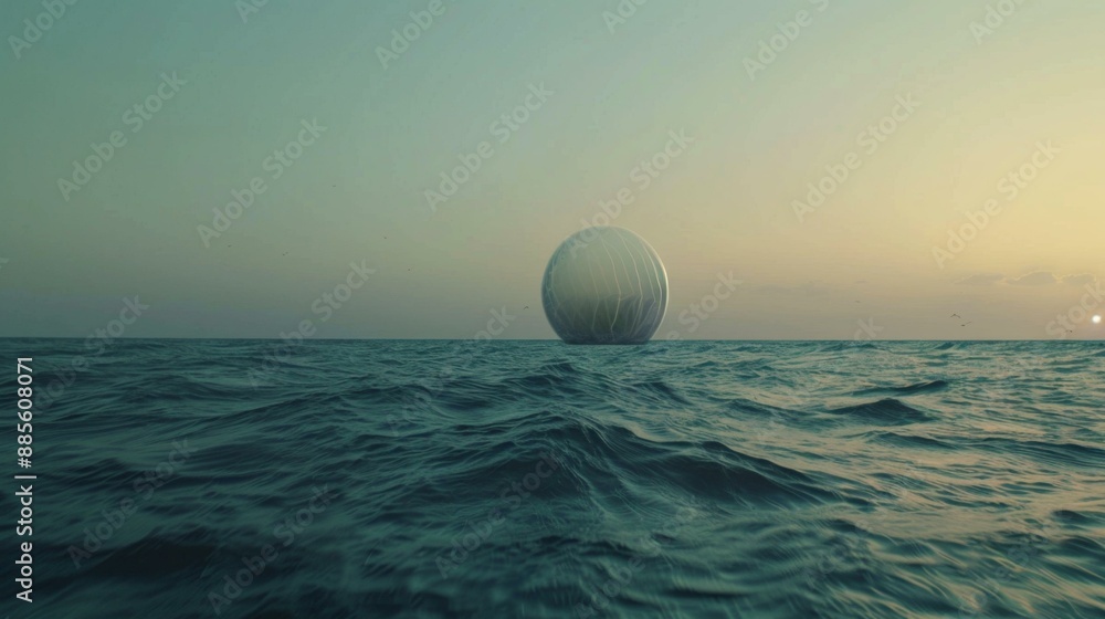 Aufkleber a large white object floating in the ocean with a sun behind it. ai.