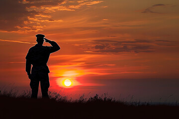 A man in a military uniform salutes the sun, generative ai image.