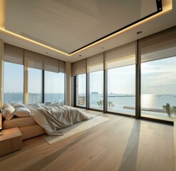 Obraz premium A bedroom with a large bed and floor to ceiling windows. AI.