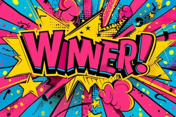 Vibrant pop-art style winner banner with bright colors and dynamic elements