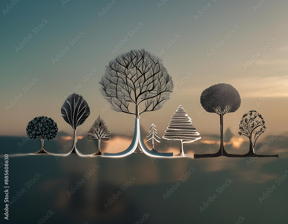 Poster minimal trees linear icons- a vector set of minimalistic tree icons in linear style. _1(210)