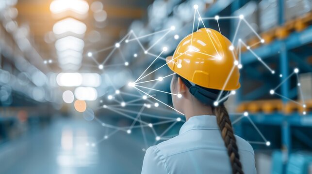 A woman is walking down a hallway with a network of lines surrounding her