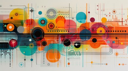 A colorful abstract painting with many different shapes and lines