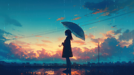 Girl With Umbrella Standing Under Rainy Sunset Sky