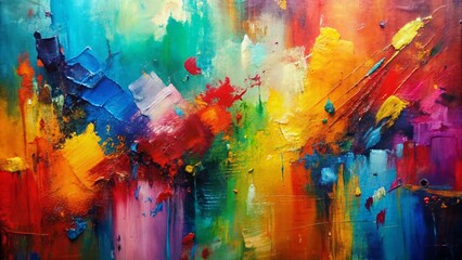 Vibrant abstract multicolor painting on canvas features grunge texture, expressive brush strokes, and oil-acrylic mix, creating a dynamic modern contemporary art piece.