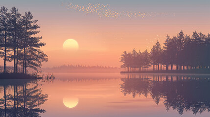 Naklejka premium Serene lakeside scene at sunset, soft pastel colors, calm water, silhouettes of trees