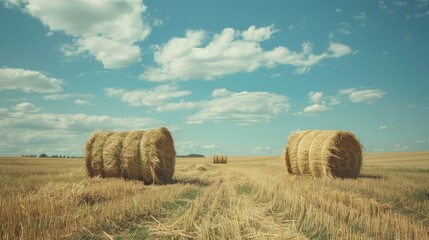 Fototapeta premium Field landscape with haystacks under the sky Agricultural concept shown in toned photograph with space for text