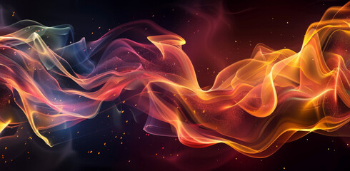 Abstract background with smooth waves of color in the form of fire, smoke or liquid on dark black backdrop. Vector illustration