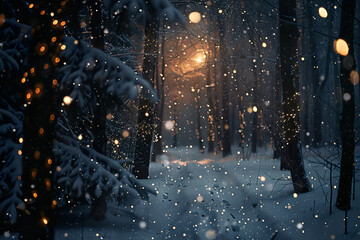 Naklejka premium A snowy forest with a bright light shining through the trees, generative ai image.