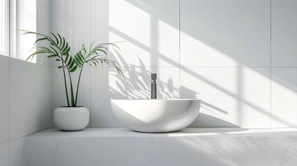 Modern ceramic wash basin and minimal style faucet in white bathroom